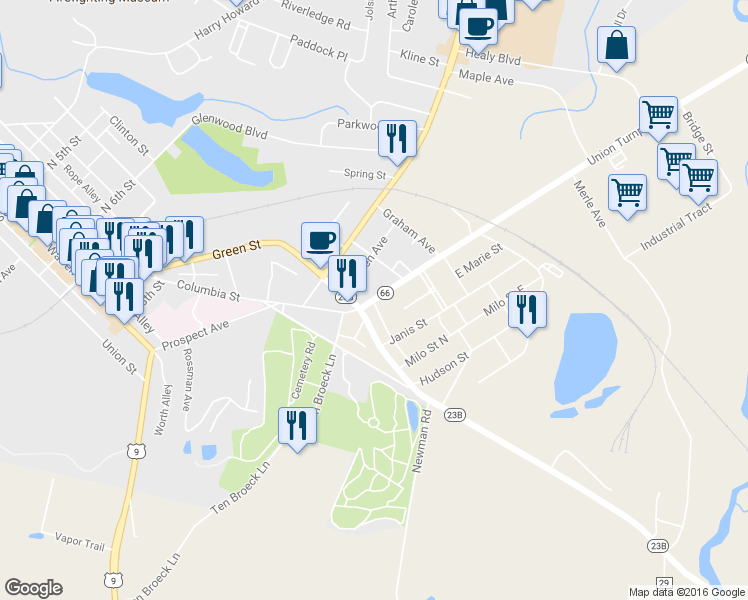 map of restaurants, bars, coffee shops, grocery stores, and more near 28 Union Turnpike in Hudson