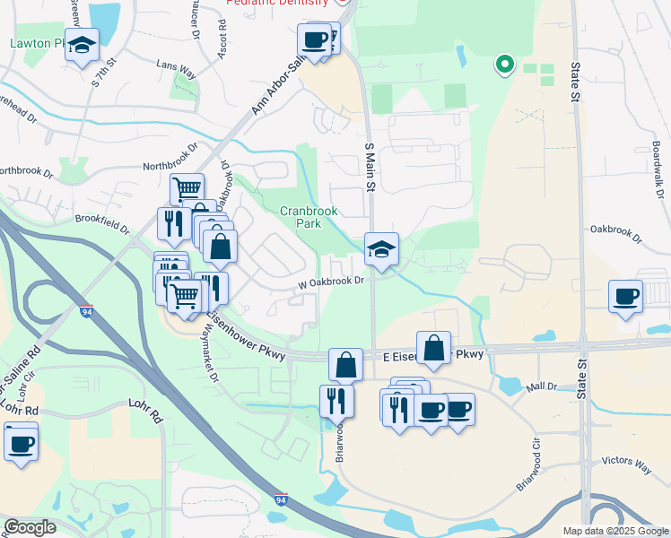 map of restaurants, bars, coffee shops, grocery stores, and more near 220 West Oakbrook Drive in Ann Arbor