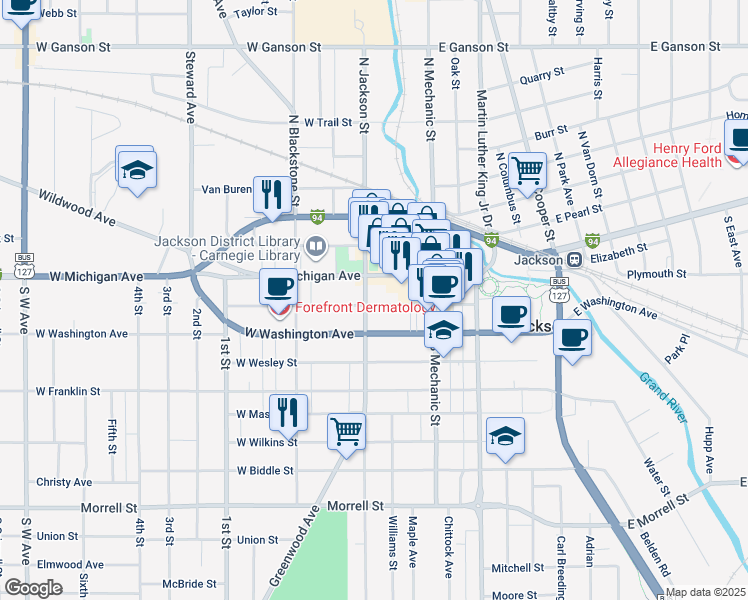 map of restaurants, bars, coffee shops, grocery stores, and more near 215 South Jackson Street in Jackson