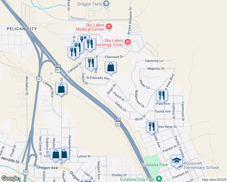 map of restaurants, bars, coffee shops, grocery stores, and more near 176 Peach Street in Klamath Falls