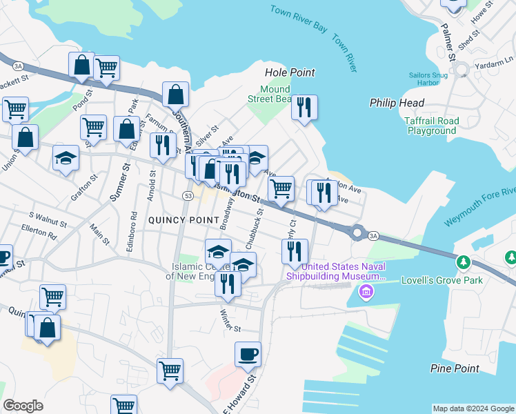 map of restaurants, bars, coffee shops, grocery stores, and more near 115 Chubbuck Street in Quincy