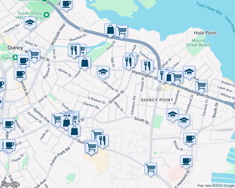 map of restaurants, bars, coffee shops, grocery stores, and more near 141 Main Street in Quincy