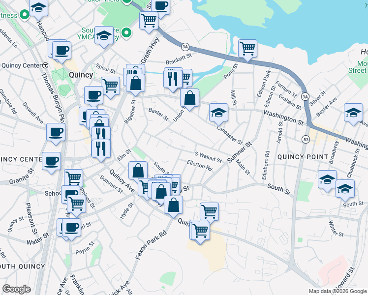 map of restaurants, bars, coffee shops, grocery stores, and more near 10 Ellerton Road in Quincy