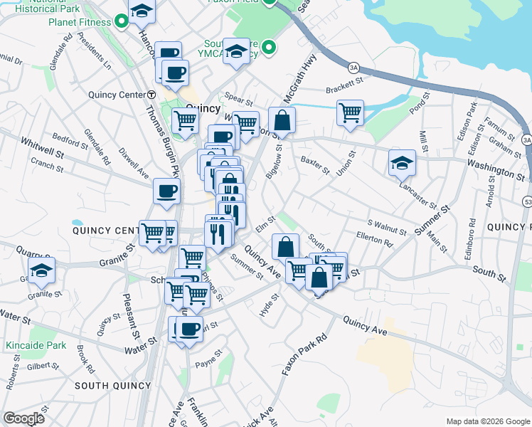 map of restaurants, bars, coffee shops, grocery stores, and more near 15 Dysart Street in Quincy