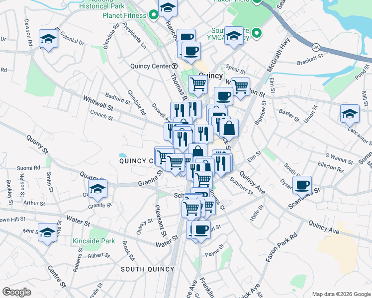 map of restaurants, bars, coffee shops, grocery stores, and more near 2002 Walter J. Hannon Parkway in Quincy