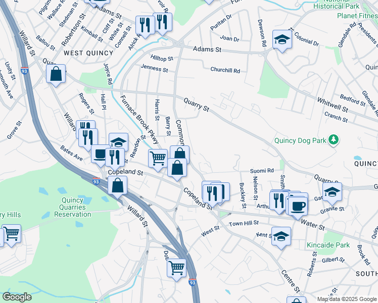 map of restaurants, bars, coffee shops, grocery stores, and more near 38 Cross Street in Quincy