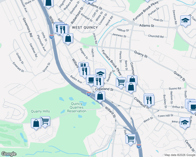 map of restaurants, bars, coffee shops, grocery stores, and more near 144 Crescent Street in Quincy