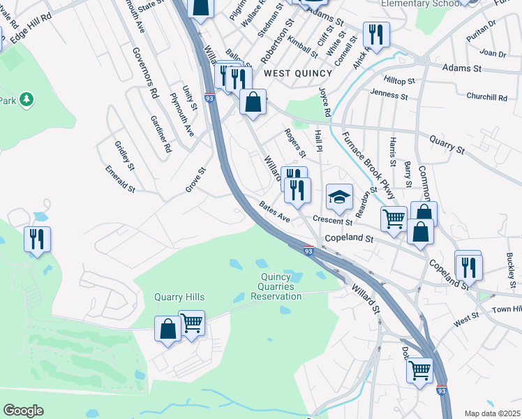 map of restaurants, bars, coffee shops, grocery stores, and more near 83 Mullin Avenue in Quincy