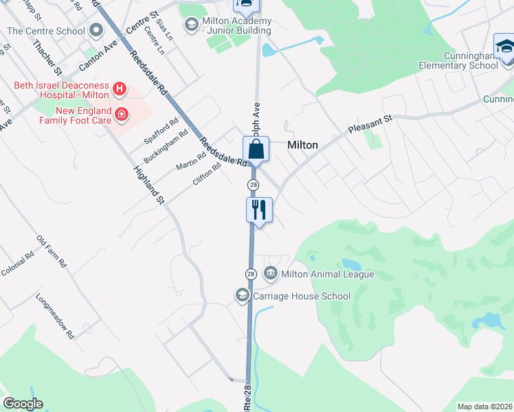 map of restaurants, bars, coffee shops, grocery stores, and more near 27 Pleasant Street in Milton