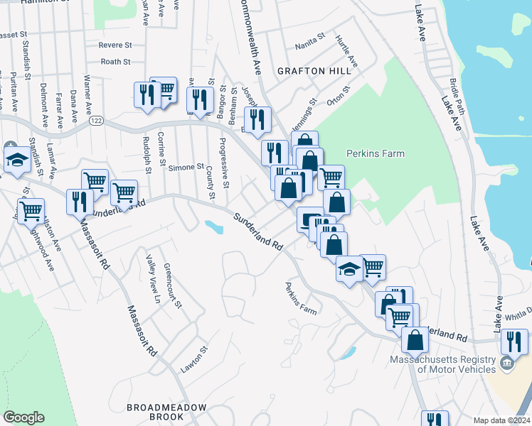 map of restaurants, bars, coffee shops, grocery stores, and more near 26 Caspar Street in Worcester