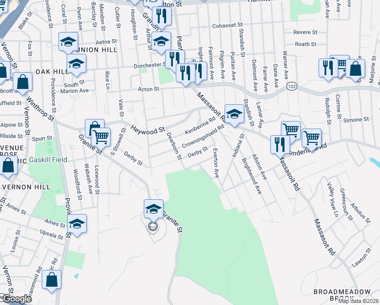 map of restaurants, bars, coffee shops, grocery stores, and more near 26 Beaumont Road in Worcester
