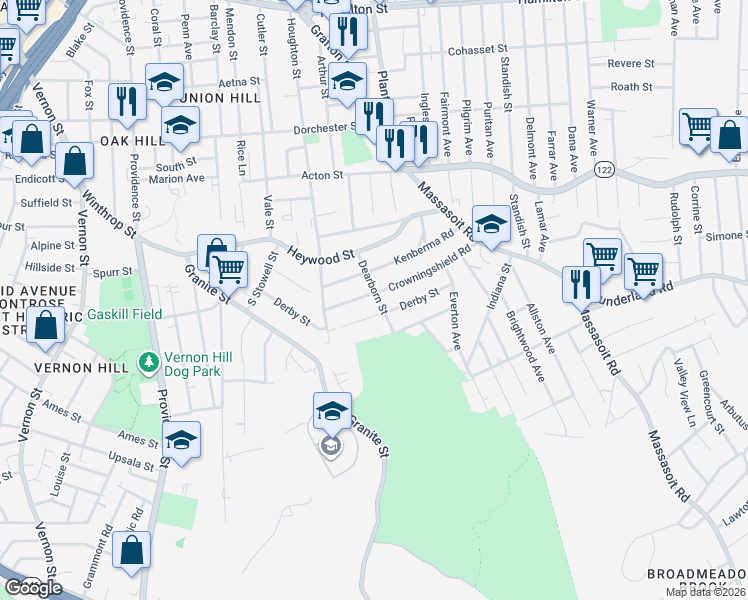 map of restaurants, bars, coffee shops, grocery stores, and more near 96 Derby Street in Worcester