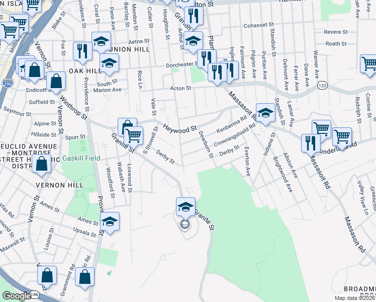 map of restaurants, bars, coffee shops, grocery stores, and more near 61 Derby Street in Worcester