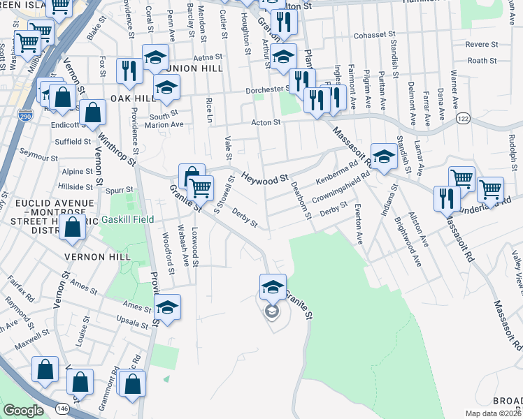 map of restaurants, bars, coffee shops, grocery stores, and more near 38 Derby Street in Worcester
