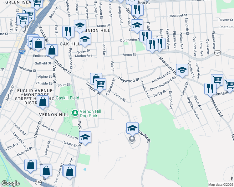 map of restaurants, bars, coffee shops, grocery stores, and more near 38 Derby Street in Worcester