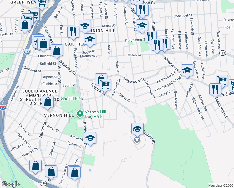 map of restaurants, bars, coffee shops, grocery stores, and more near 76 Granite Street in Worcester