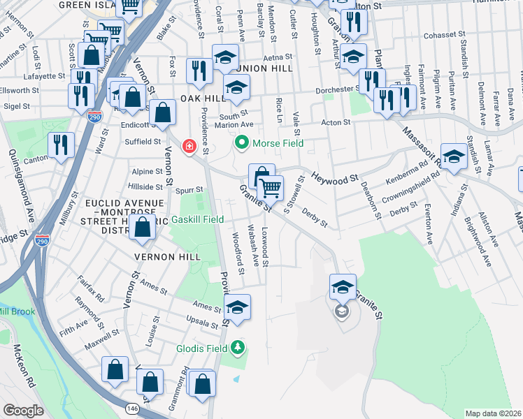 map of restaurants, bars, coffee shops, grocery stores, and more near in Worcester