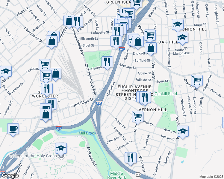 map of restaurants, bars, coffee shops, grocery stores, and more near 24 Harlem Street in Worcester