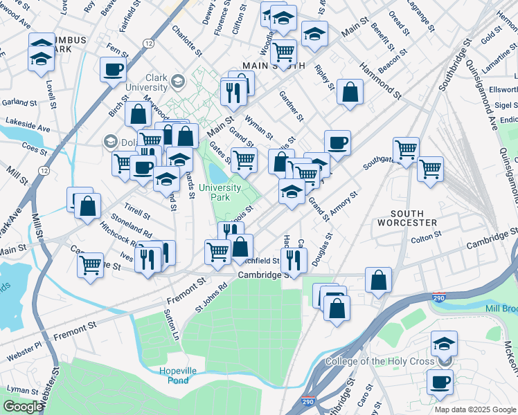 map of restaurants, bars, coffee shops, grocery stores, and more near 55 Illinois Street in Worcester
