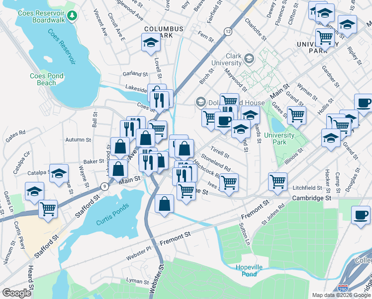map of restaurants, bars, coffee shops, grocery stores, and more near 1048 Main Street in Worcester
