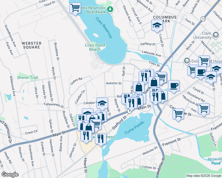 map of restaurants, bars, coffee shops, grocery stores, and more near 28 Baker Street in Worcester