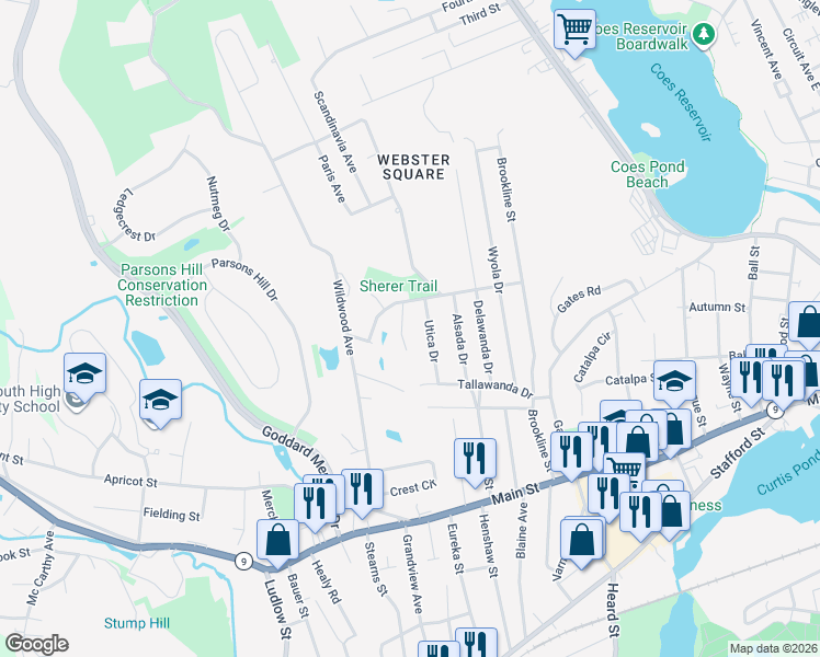 map of restaurants, bars, coffee shops, grocery stores, and more near 17 Oakleaf Circle in Worcester