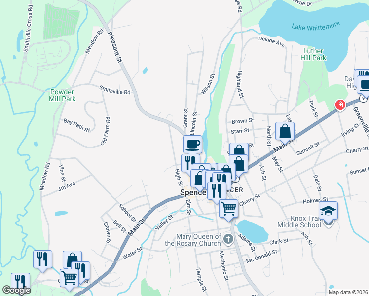 map of restaurants, bars, coffee shops, grocery stores, and more near 31 Pleasant Street in Spencer