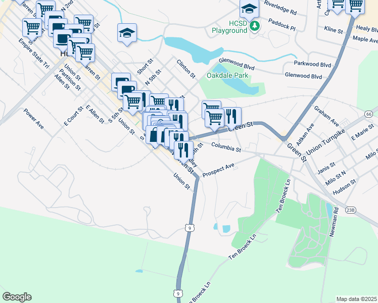 map of restaurants, bars, coffee shops, grocery stores, and more near 820 Warren Street in Hudson