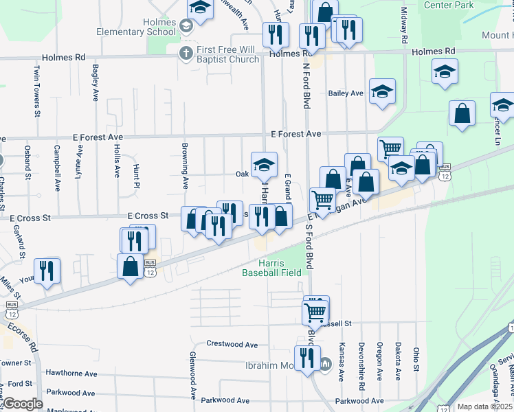 map of restaurants, bars, coffee shops, grocery stores, and more near 15 North Harris Road in Ypsilanti
