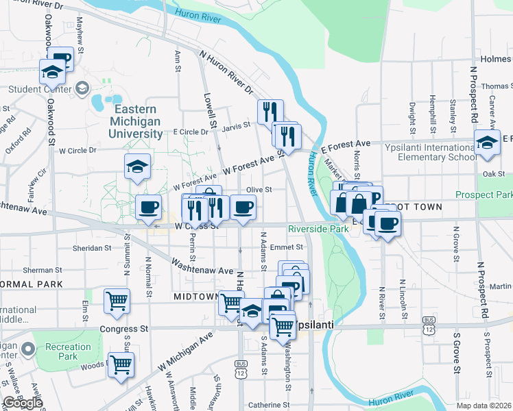 map of restaurants, bars, coffee shops, grocery stores, and more near in Ypsilanti