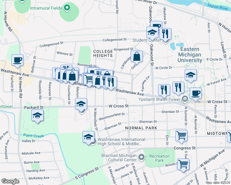 map of restaurants, bars, coffee shops, grocery stores, and more near 1245 Elbridge Street in Ypsilanti