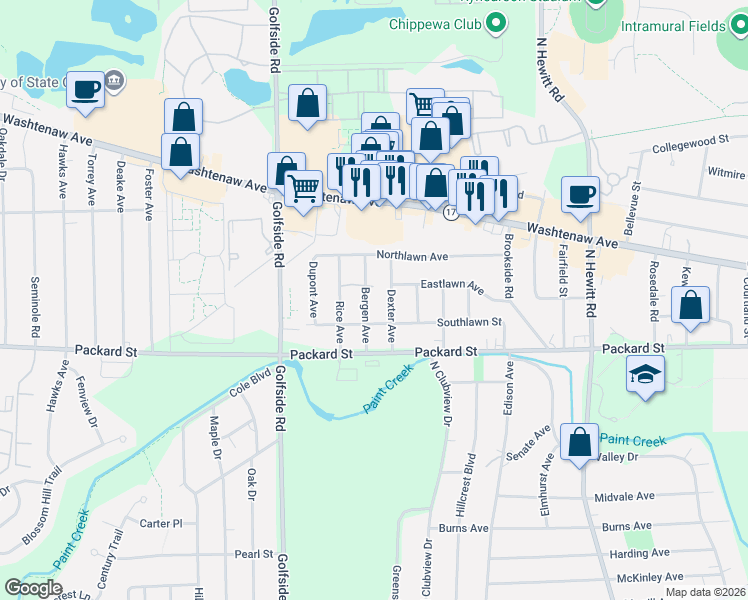 map of restaurants, bars, coffee shops, grocery stores, and more near 2810 Southlawn St in Ypsilanti Township