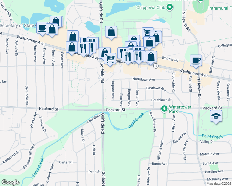 map of restaurants, bars, coffee shops, grocery stores, and more near 3110 Southlawn Street in Ypsilanti