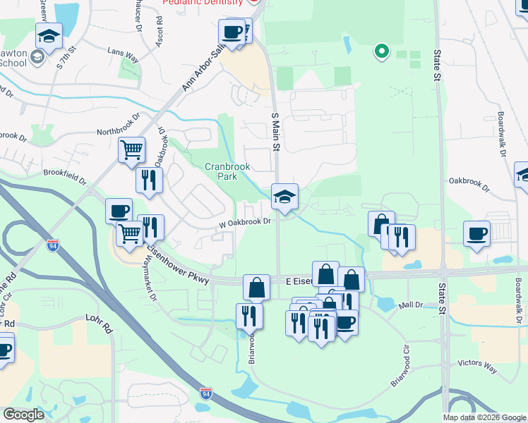 map of restaurants, bars, coffee shops, grocery stores, and more near 101 Oakbrook Drive in Ann Arbor
