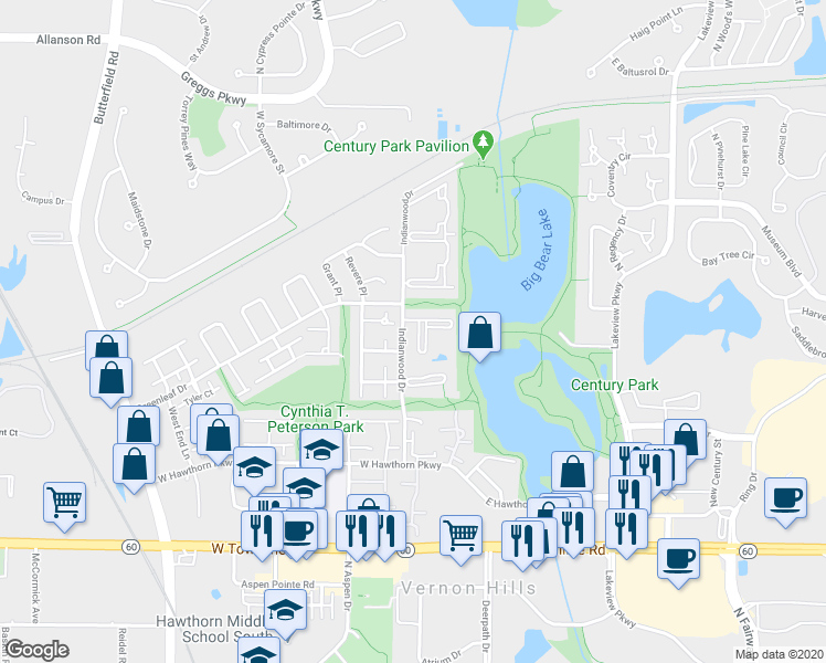 map of restaurants, bars, coffee shops, grocery stores, and more near 1004 Centurion Lane in Vernon Hills