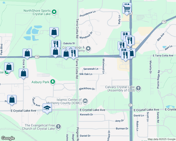 map of restaurants, bars, coffee shops, grocery stores, and more near 697 Silk Oak Lane in Crystal Lake
