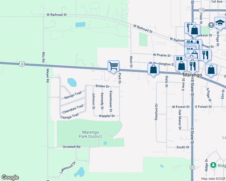 map of restaurants, bars, coffee shops, grocery stores, and more near 497 Eisenhower Street in Marengo