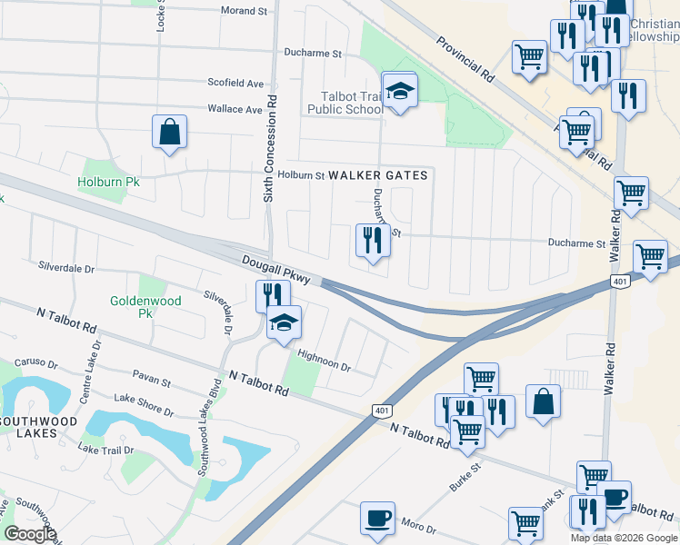 map of restaurants, bars, coffee shops, grocery stores, and more near 1517 Meridian Street in Windsor