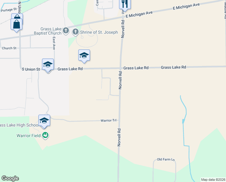 map of restaurants, bars, coffee shops, grocery stores, and more near 1193 Rowena Street in Grass Lake