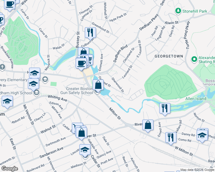 map of restaurants, bars, coffee shops, grocery stores, and more near 8 North Stone Mill Drive in Dedham