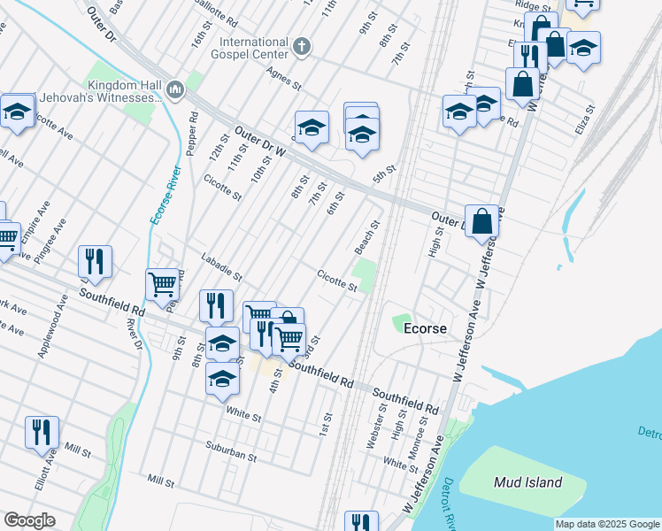 map of restaurants, bars, coffee shops, grocery stores, and more near 4325 5th Street in Ecorse