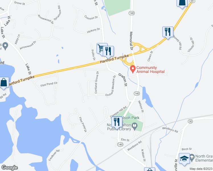map of restaurants, bars, coffee shops, grocery stores, and more near 82 Orchard Meadow Drive in Shrewsbury