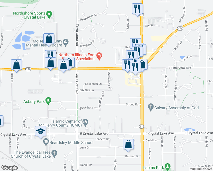 map of restaurants, bars, coffee shops, grocery stores, and more near 755 Savannah Lane in Crystal Lake