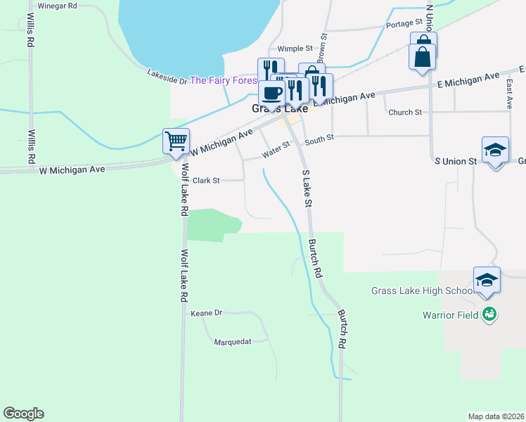 map of restaurants, bars, coffee shops, grocery stores, and more near 297 Village Preserve in Grass Lake