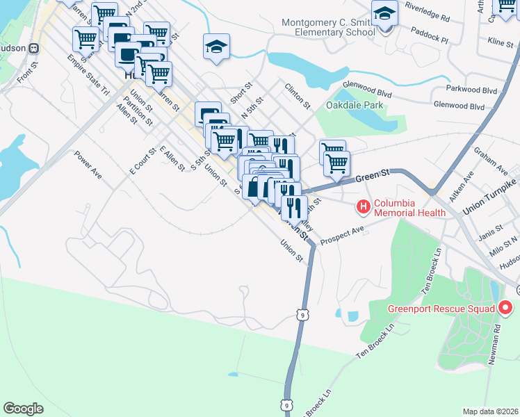 map of restaurants, bars, coffee shops, grocery stores, and more near 701-703 Union St in Hudson