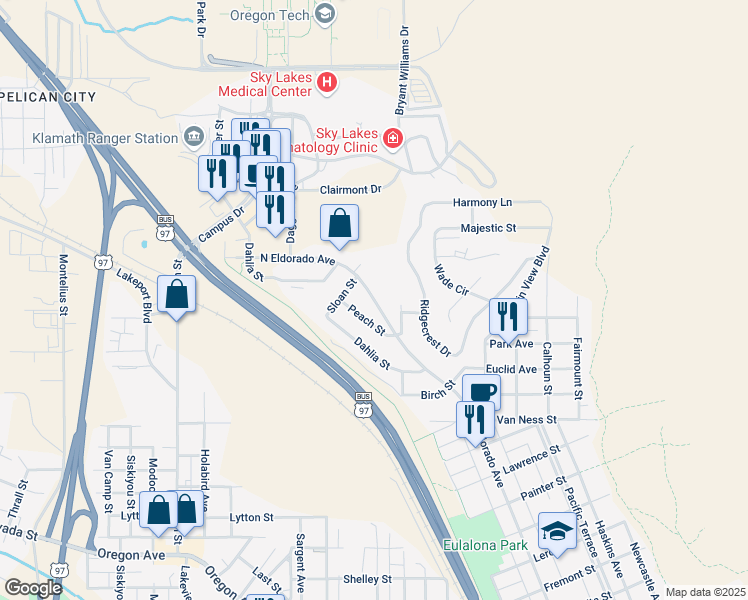 map of restaurants, bars, coffee shops, grocery stores, and more near 2059 North Eldorado Avenue in Klamath Falls