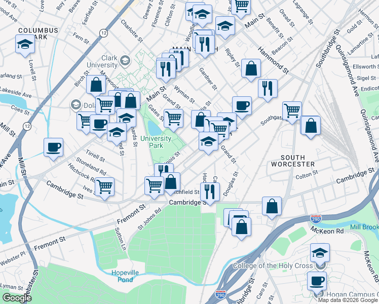map of restaurants, bars, coffee shops, grocery stores, and more near 1 Illinois Court in Worcester