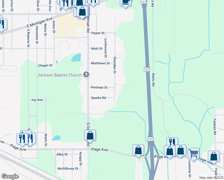 map of restaurants, bars, coffee shops, grocery stores, and more near 3213 Perlman Street in Jackson