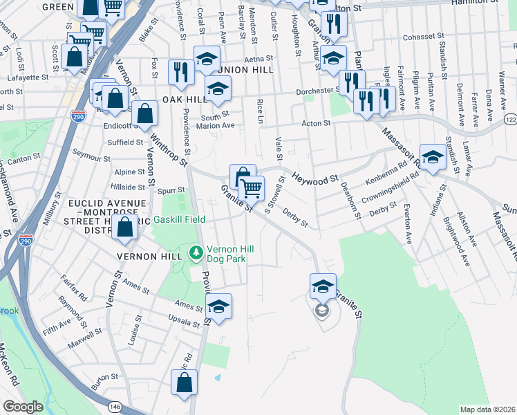 map of restaurants, bars, coffee shops, grocery stores, and more near 16 Jones Street in Worcester
