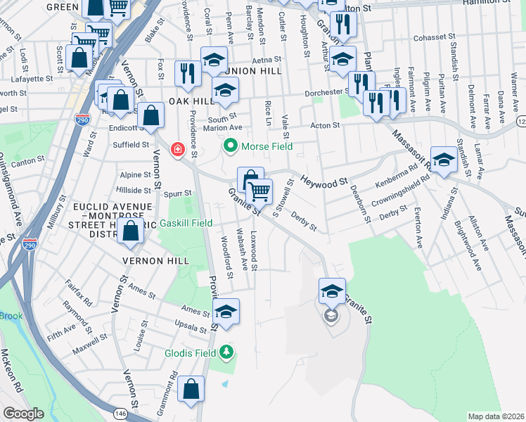 map of restaurants, bars, coffee shops, grocery stores, and more near 16 Jones Street in Worcester